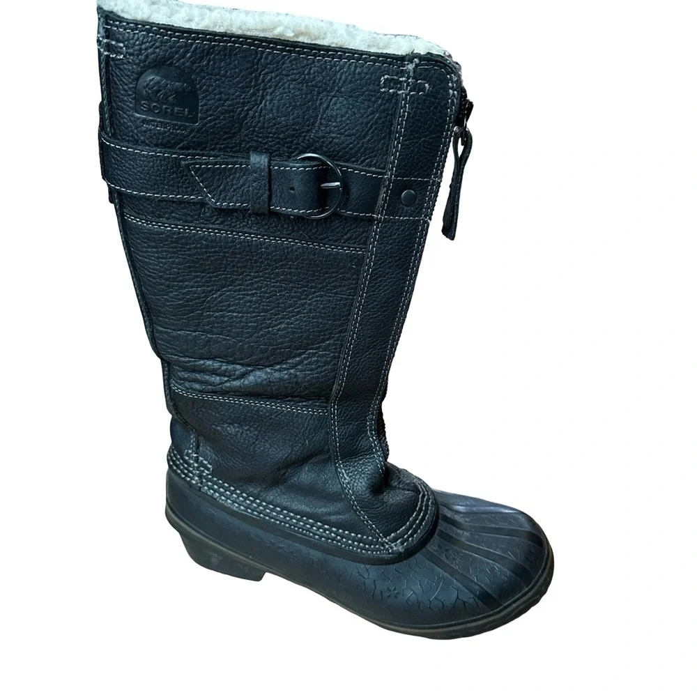 Sorel Fancy Tall Black Leather Waterproof Zip Winter Snow Duck Boots Size 6.5